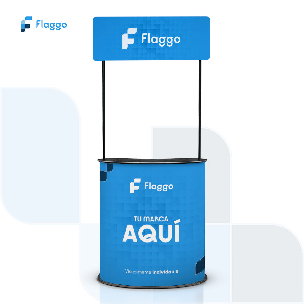 Counter publicitario MDF ovalado con cenefa personalizada para promociones, eventos corporativos, ferias comerciales y activaciones de marca