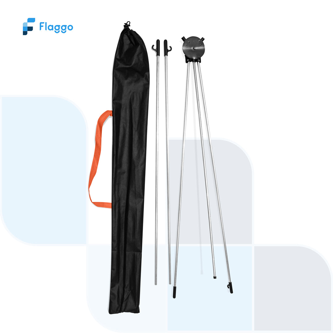 Componentes del portapendón araña easy metálica con estructura de aluminio, conectores y bolsa de transporte