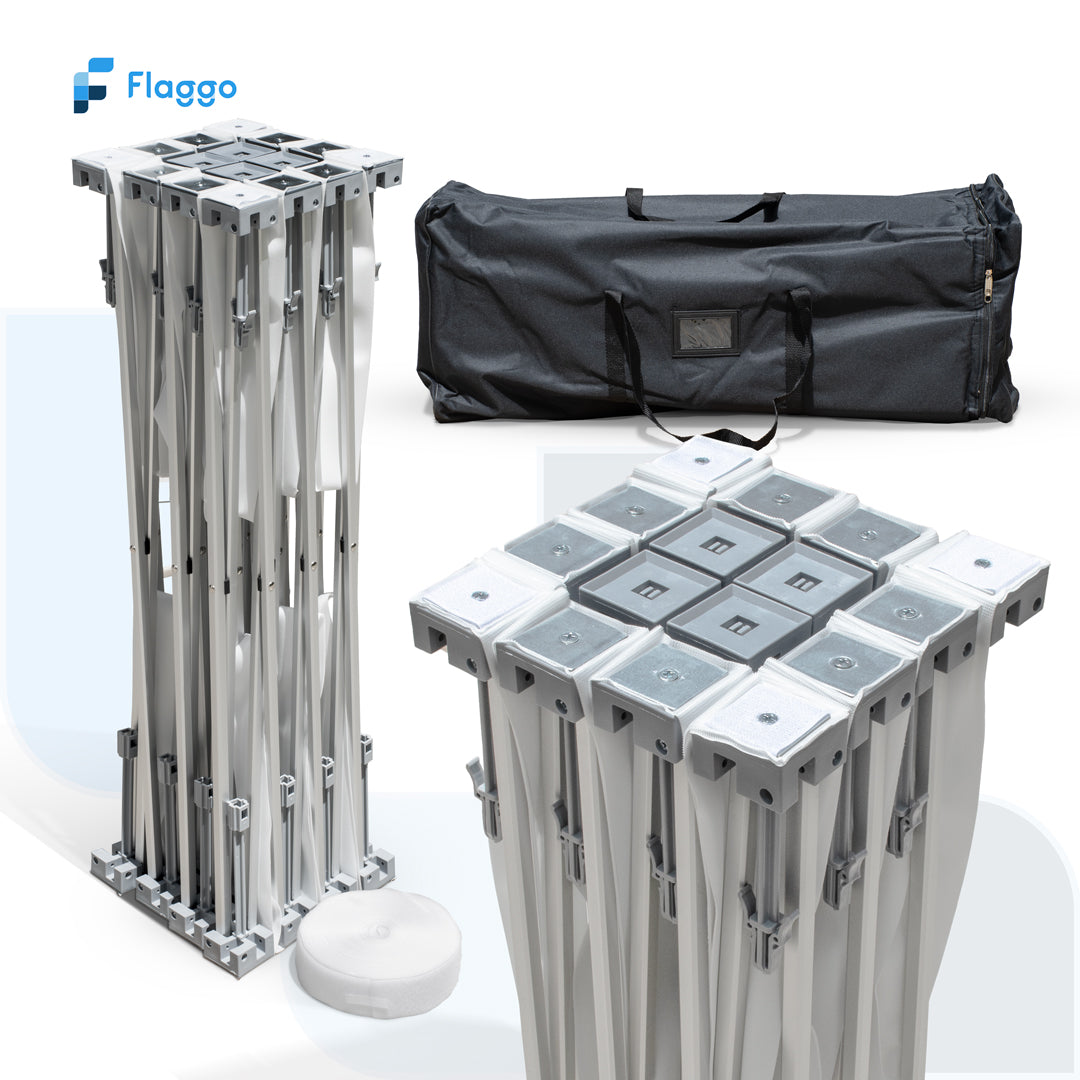 Estructura expandible de backing trimalla fabricada en aluminio con sistema plegable y maletín de transporte para montaje rápido